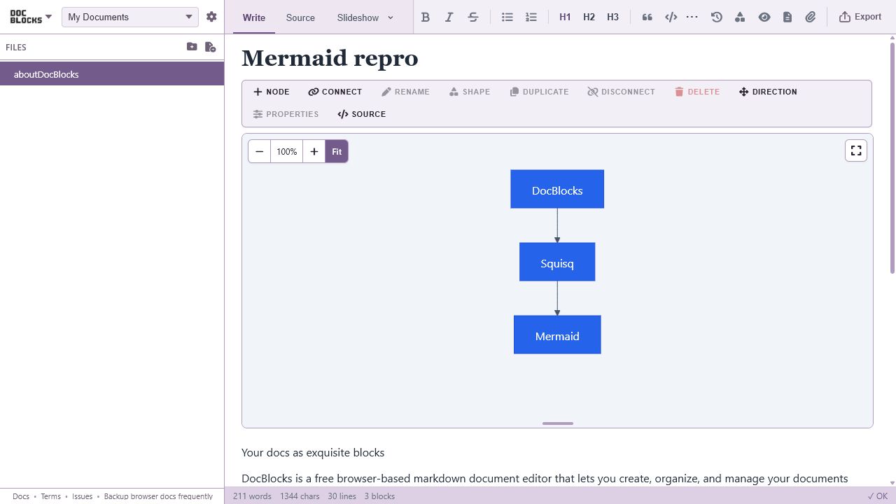 The DocBlocks Markdown editor showing its file pane, writing canvas, and document controls