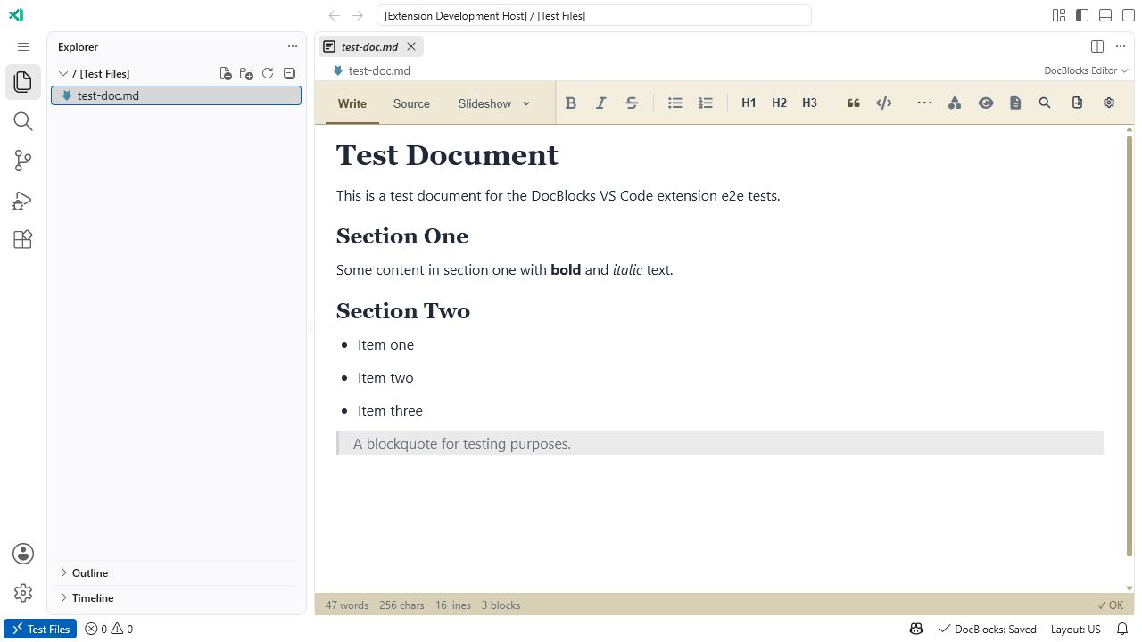 A Markdown document open in the DocBlocks visual editor inside VS Code
